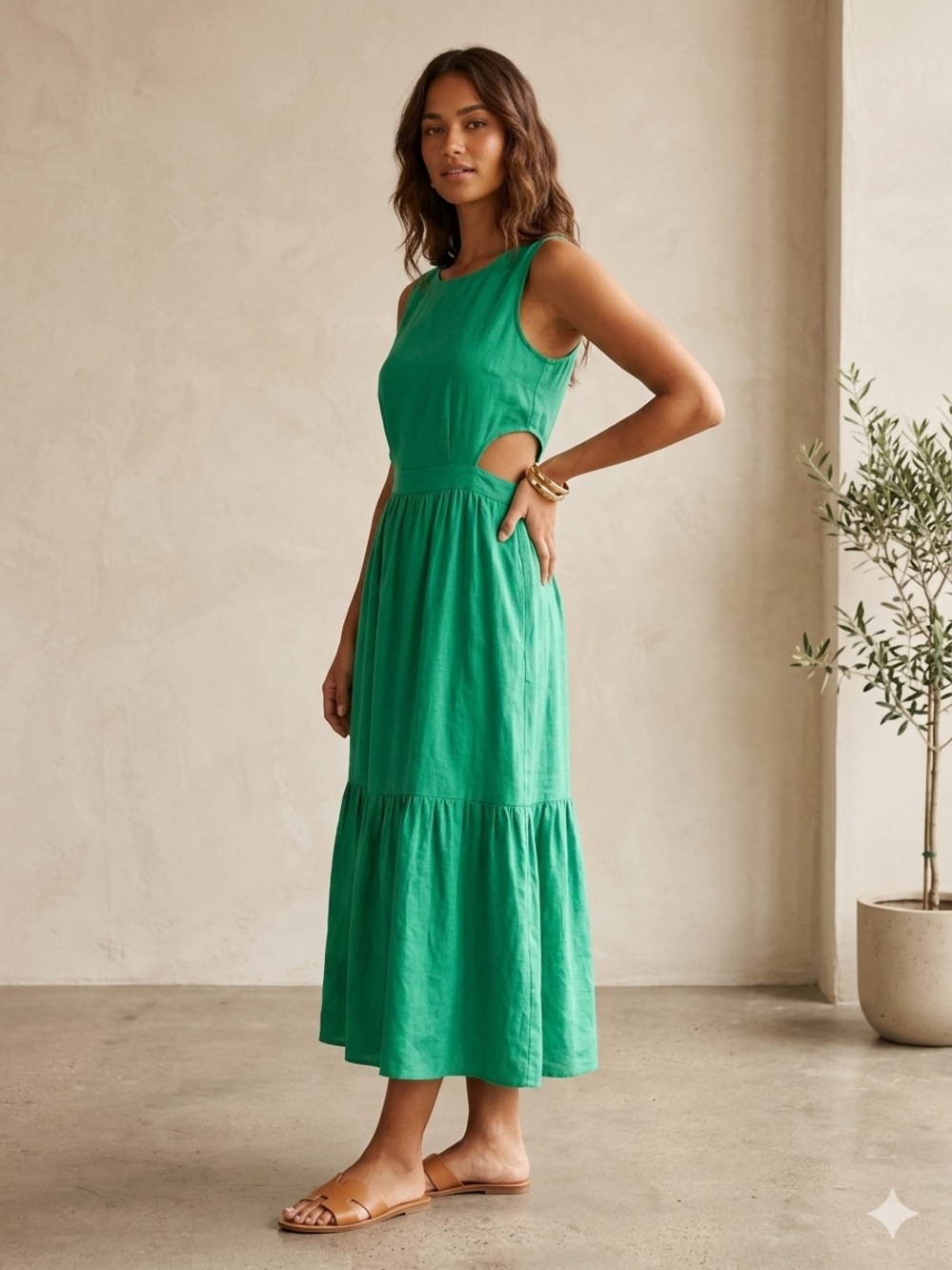 Japna Emerald Green Sleeveless Cutout Midi Dress